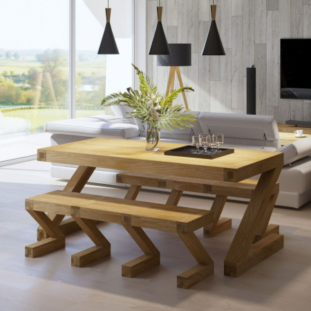 Z Solid Oak Dining Table and Two Benches Set